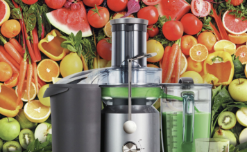 Breville Juice Fountain surrounded by fruits and vegetables in the background.