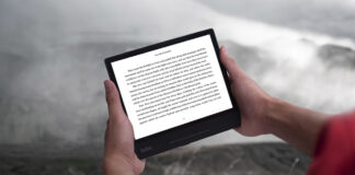 Person reading on Kobo Forma in landscape orientation.