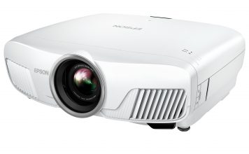 The Epson 4010 home theatre projector on a white background. The lens points to the bottom left corner of the picture.