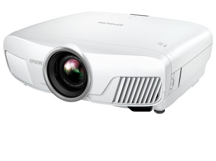 The Epson 4010 home theatre projector on a white background. The lens points to the bottom left corner of the picture.