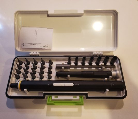 image KONOS 30-in-1 electric screwdriver set open showing pieces and attachments