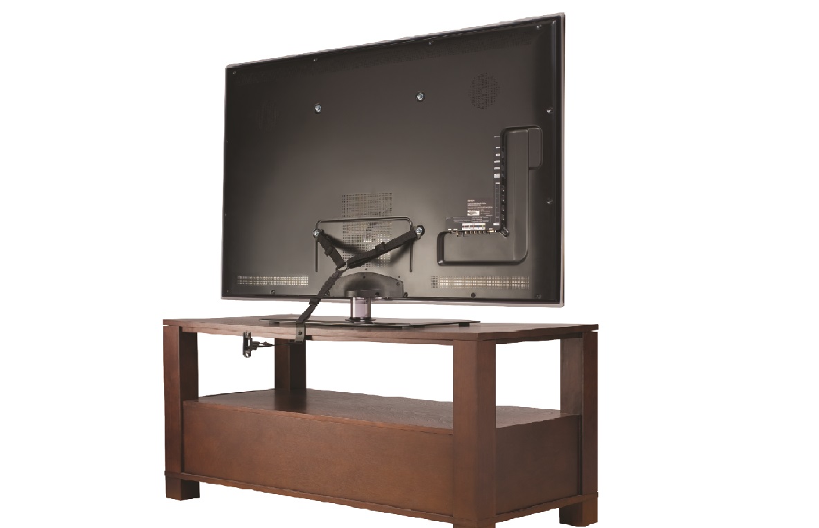 image of the SANUS Elements Anti-Tip Strap securing the back of a TV to the back edge of a TV stand
