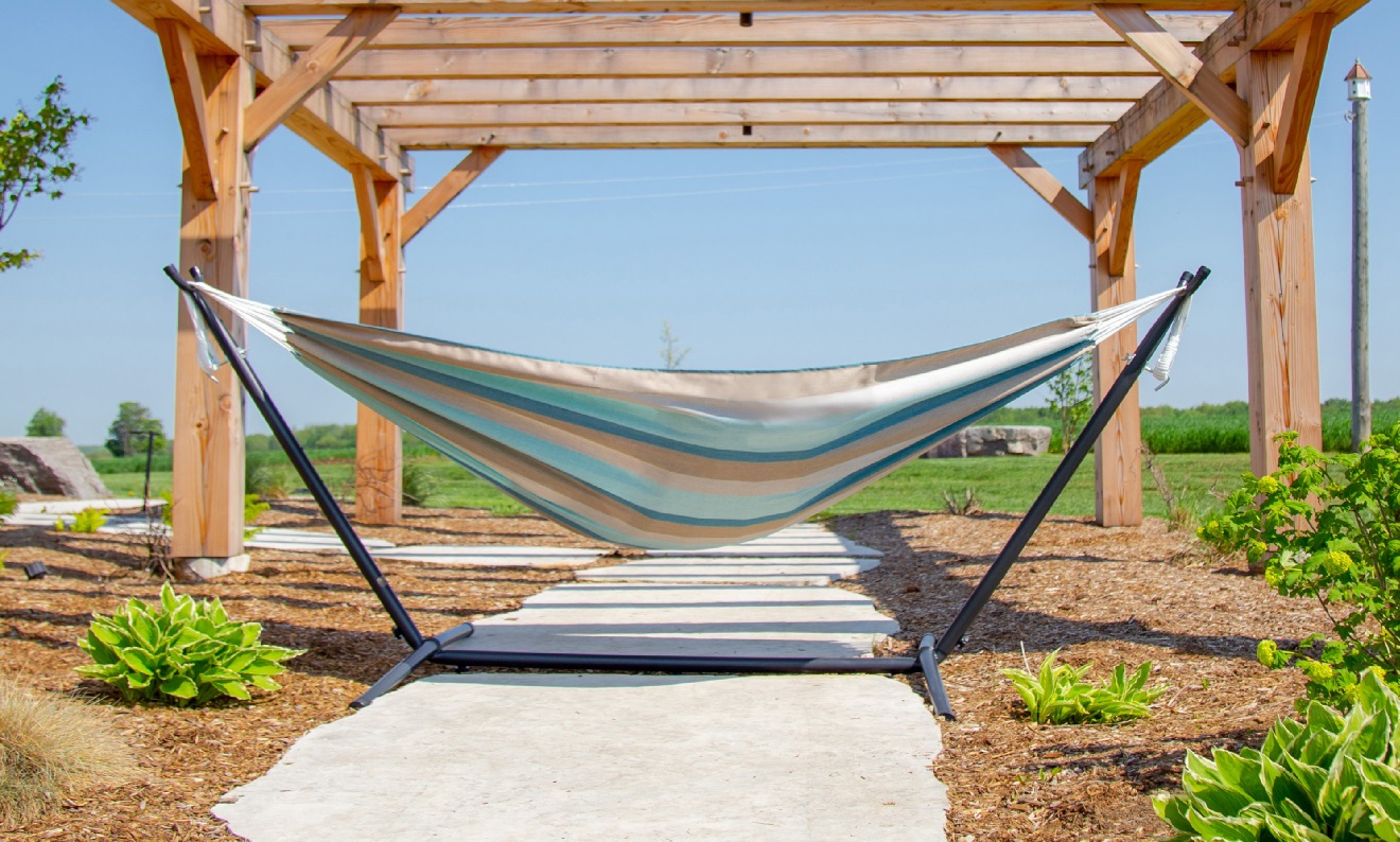 image of a free-standing hammock under an awning