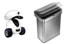 A picture containing the Dogness iPet Smart Robot pet treat dispenser on the left and the Simplehuman Sensor Can smart trash can on the right on a white background.
