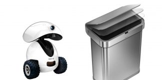 A picture containing the Dogness iPet Smart Robot pet treat dispenser on the left and the Simplehuman Sensor Can smart trash can on the right on a white background.