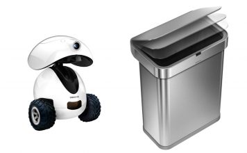 A picture containing the Dogness iPet Smart Robot pet treat dispenser on the left and the Simplehuman Sensor Can smart trash can on the right on a white background.