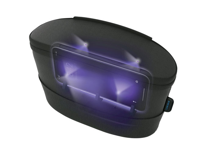 image of the HoMedics UV-Clean Sterilizer Bag, showing a phone inside being sterilized with UV light