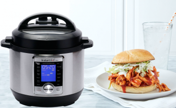 Instant Pot with pulled chicken sandwich