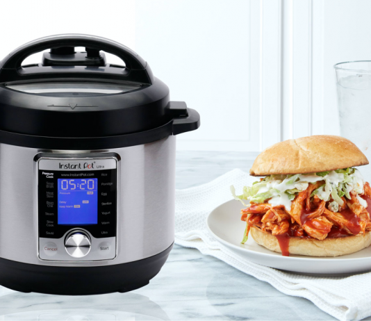 Instant Pot with pulled chicken sandwich