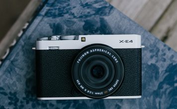 A photo of the Fujifilm X-E4 mirrorless camera