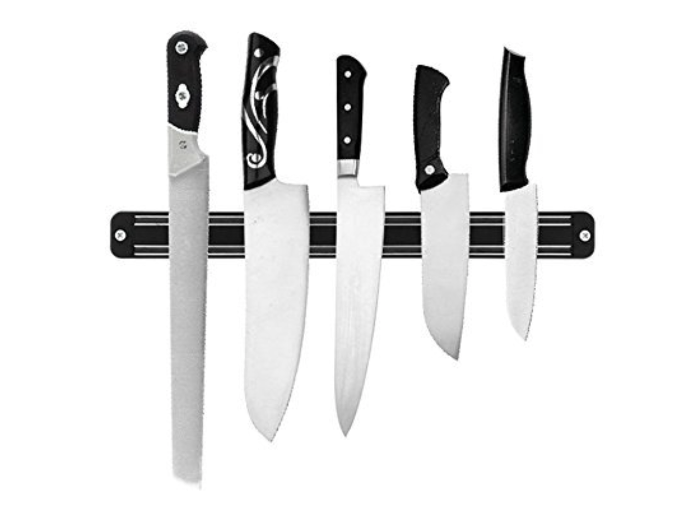 image of a magnetic knife rack holding kitchen knives