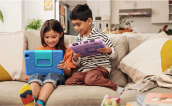 Amazon Fire tablets with two kids