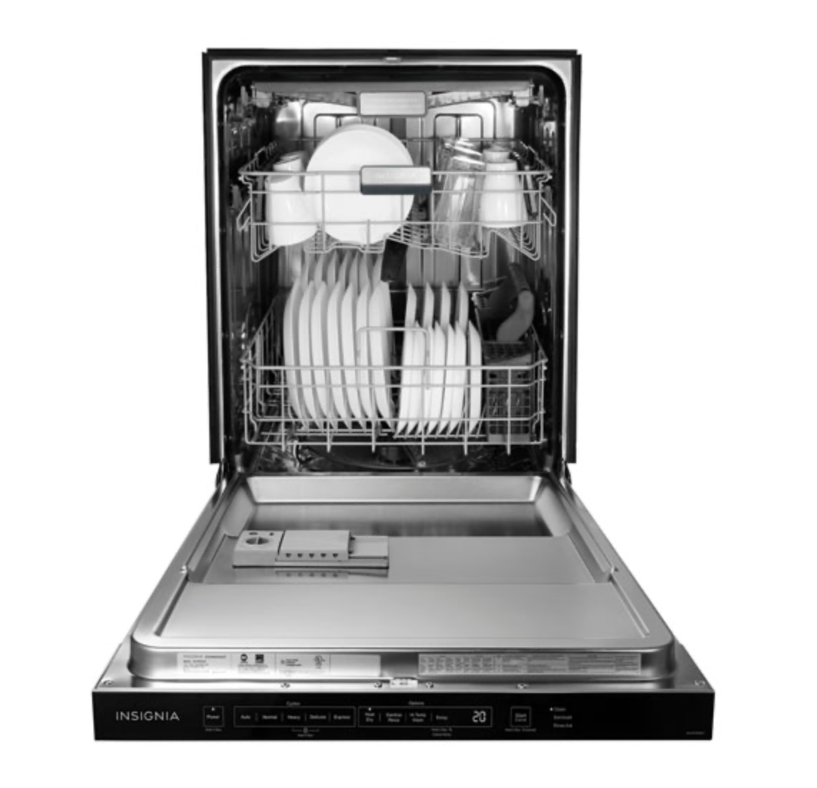 Insignia 24-inch dishwasher front view open with dishes.