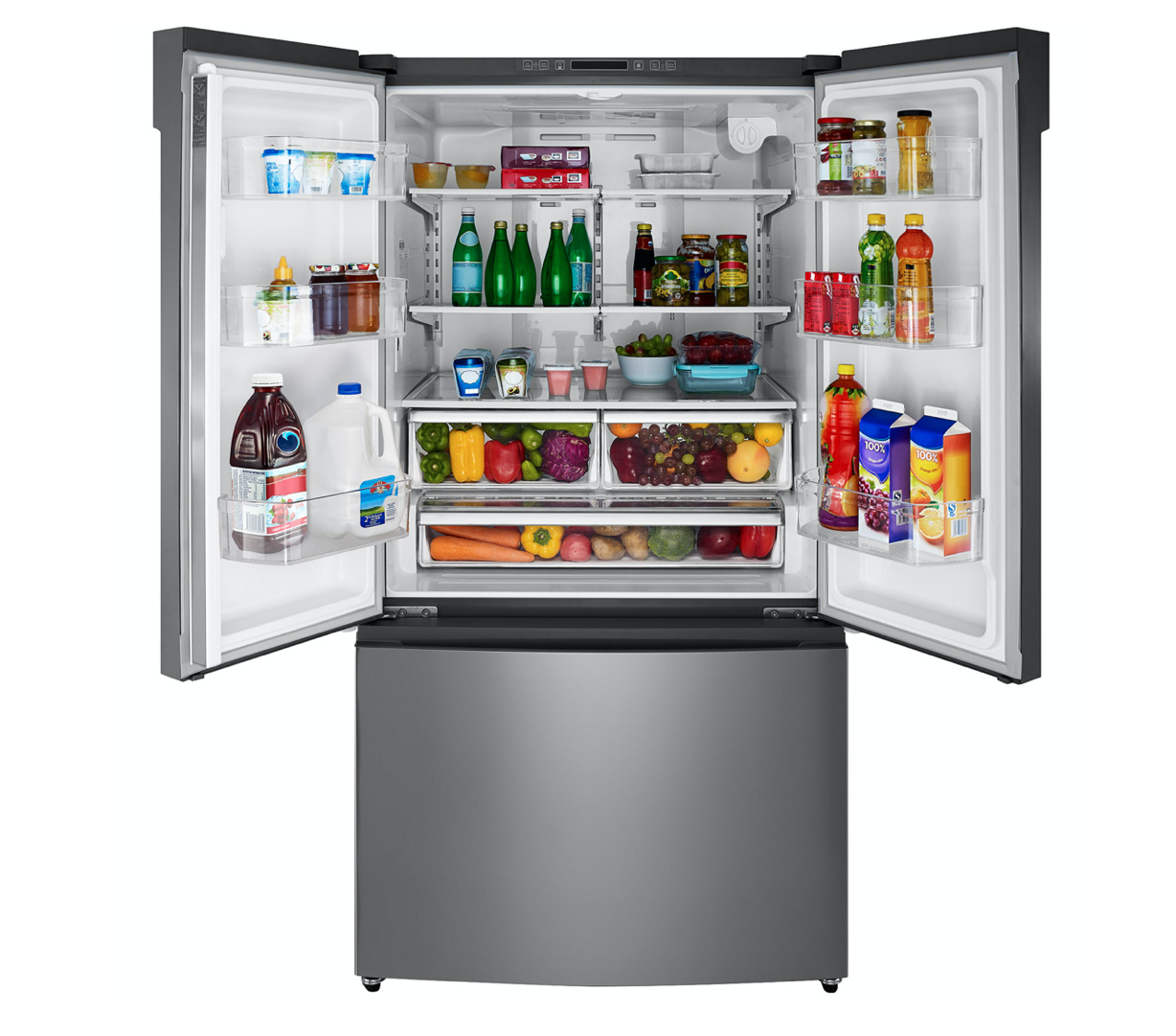 Insignia French door refrigerator open with food