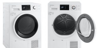 Side by side image of the Insignia electric dryer open and closed.