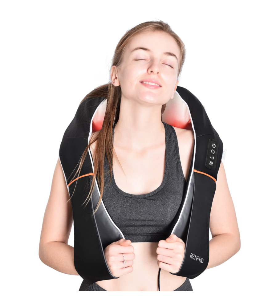 A woman using a Renpho Shiatsu neck massager.