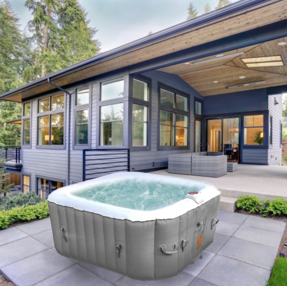 Inflatable hot tub in a backyard