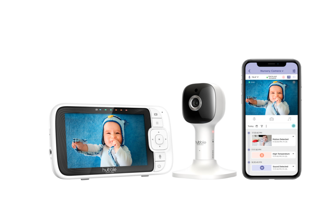 Hubble Nursery baby monitor with camera and phone.