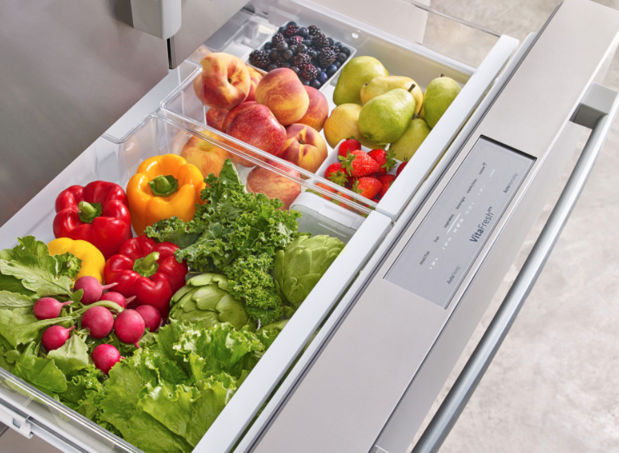 Bosch refrigerator with fruits and vegetables.