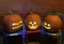 Halloween pumpkins with projected faces