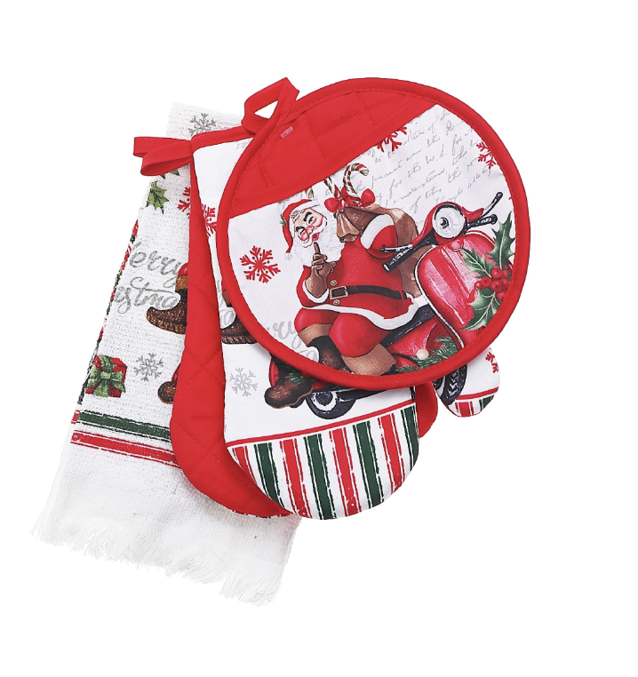 Christmas themed kitchen towel and oven mitt set.