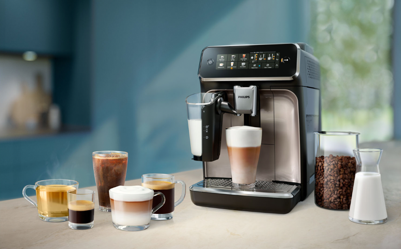 Various coffee drinks prepared with a coffee machine.