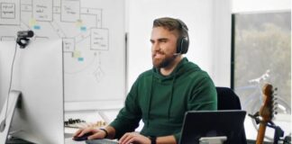 Man working from home with headphones on