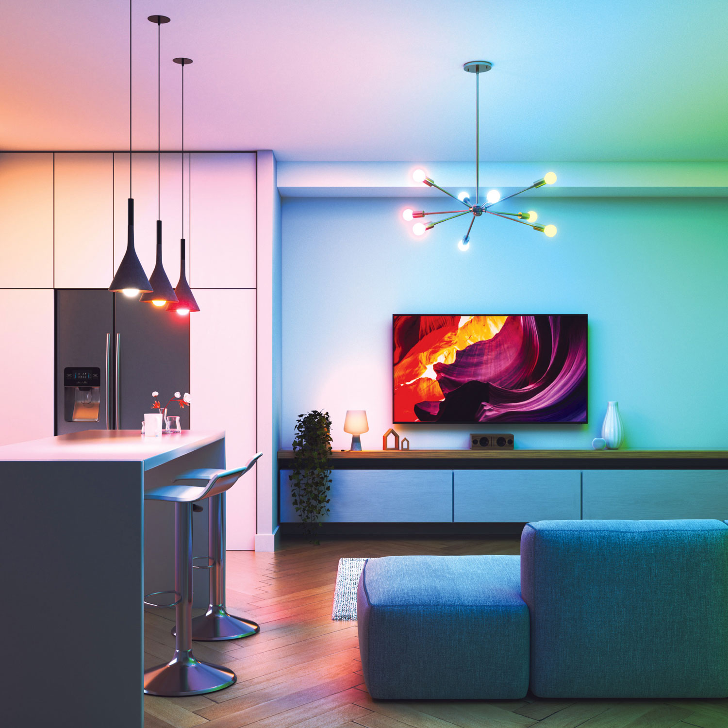 smart home with smart lights on 
