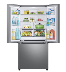 Холодильник с французской дверью Samsung открыт с едой внутри