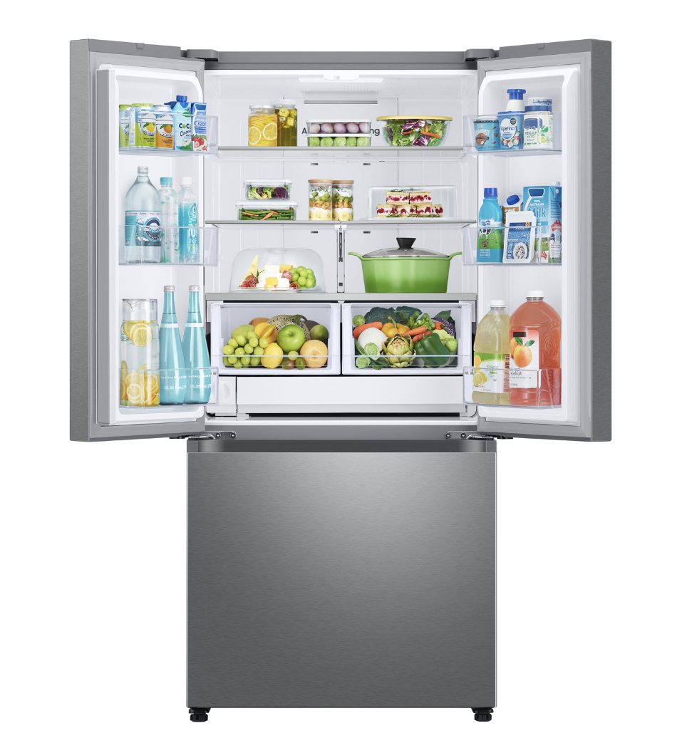 Samsung French door fridge open with food inside