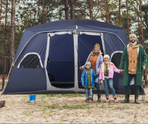 Family standing outside Outsunny camping tent. 
