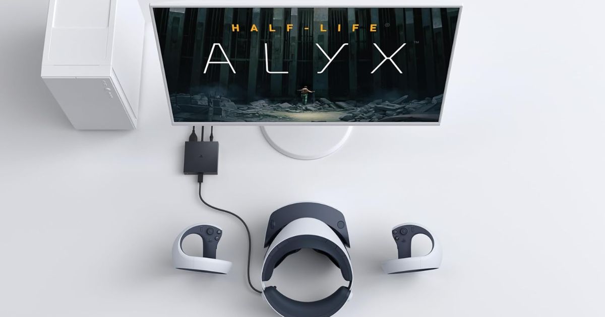 The PS VR2 hardware connected to a PC with Half-Life Alyx on screen.