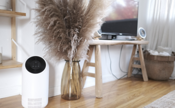 JS Flo 2.0 air purifier in a living room