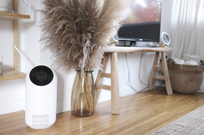 JS Flo 2.0 air purifier in a living room