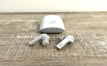 ROG Cetra White earbuds on a desk