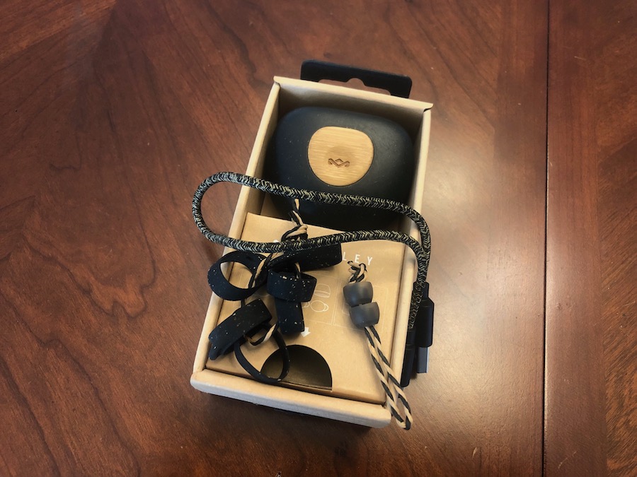 Marley Champion 2 earbuds in packaging with accessories. 