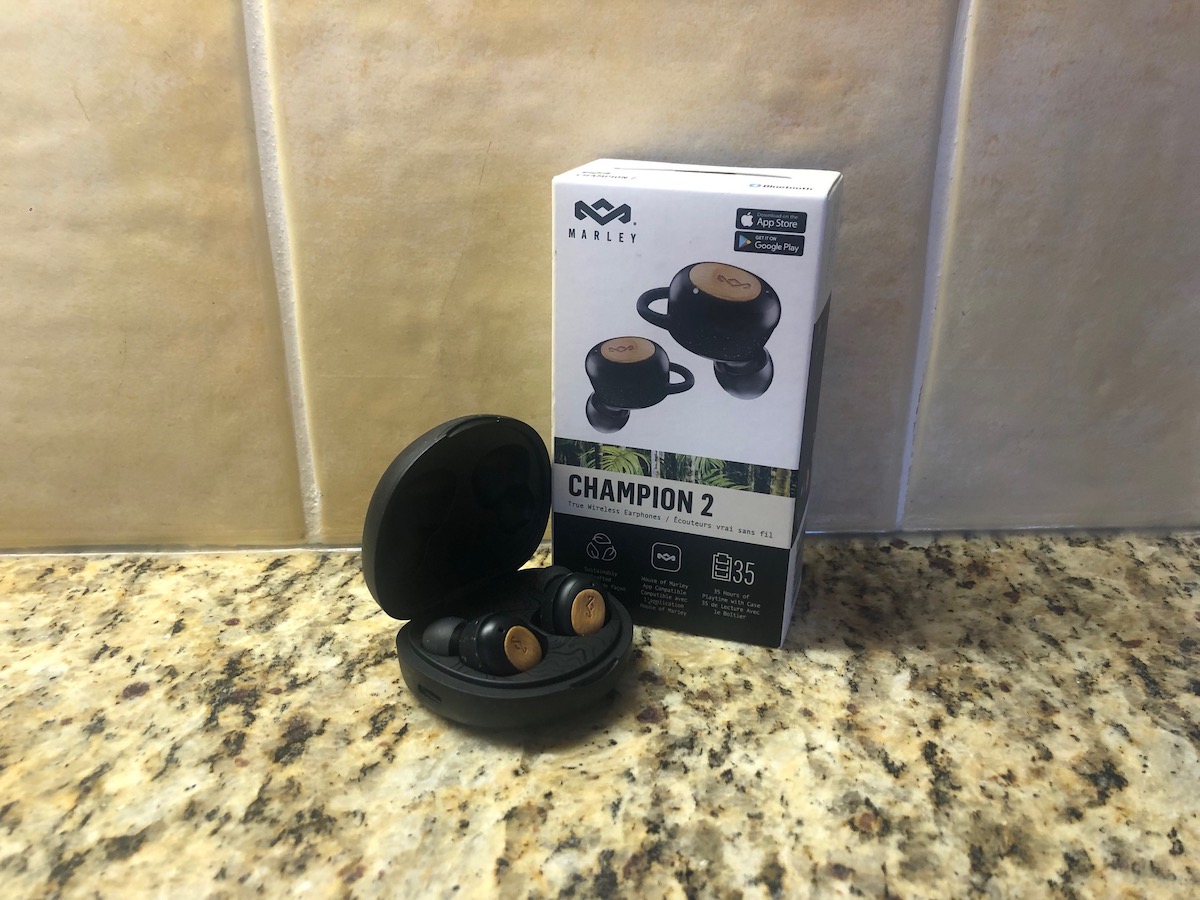 Marley Champion 2 earbuds in case with packaging 