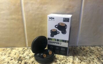 Marley Champion 2 earbuds in case with packaging.