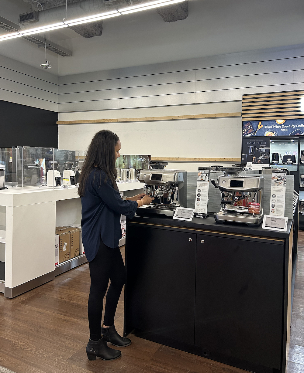 Best Buy Breville in store experience checking out an espresso machine.