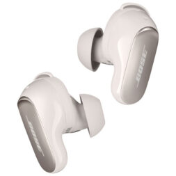 Bose QuietComfort Ultra earbuds loose on white background.