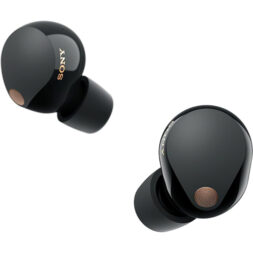 Sony WF-1000XM5 earbuds in black on white background.