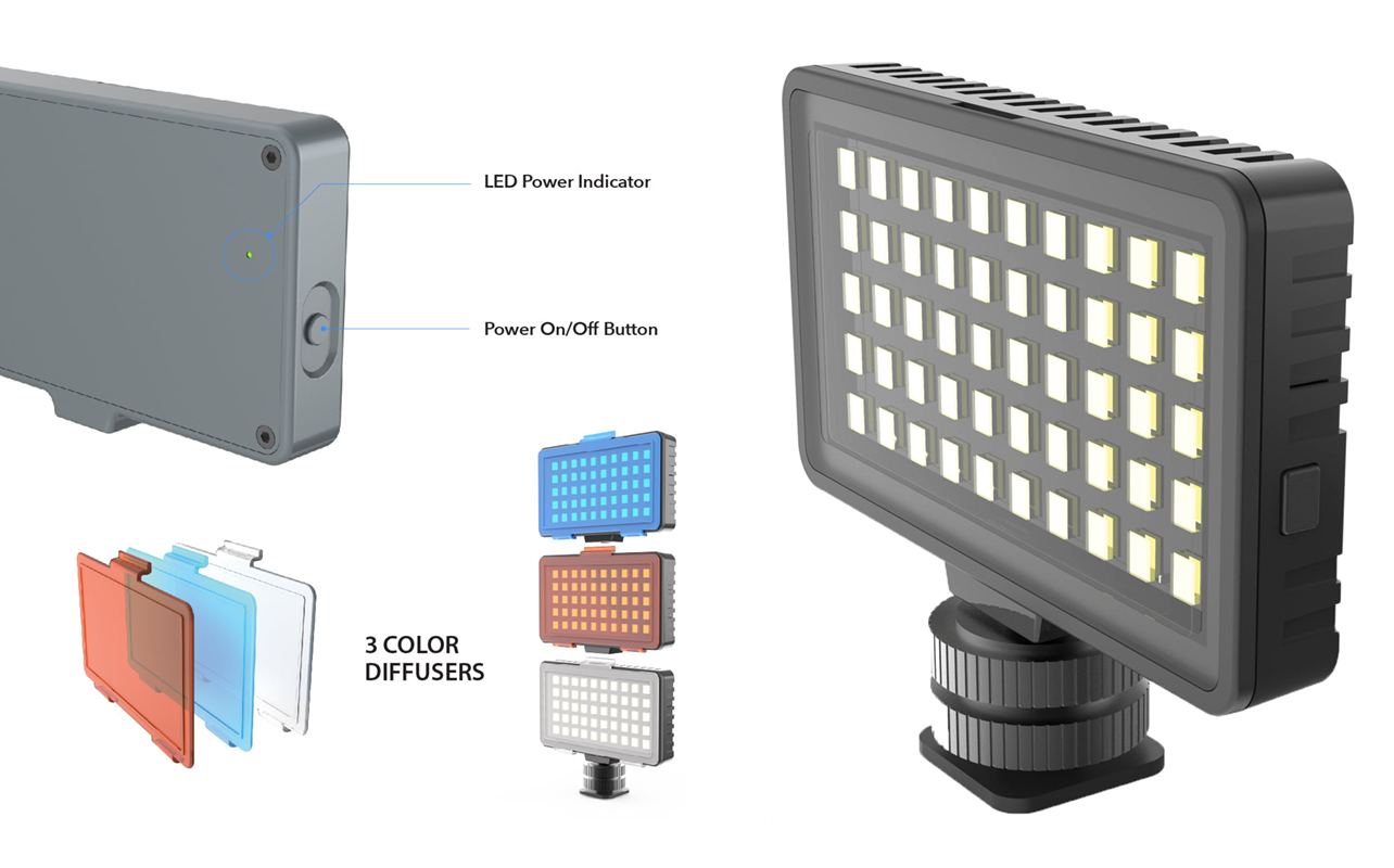 DIGIPOWER 50 LED InstaFame Video Light along with included colour gels.