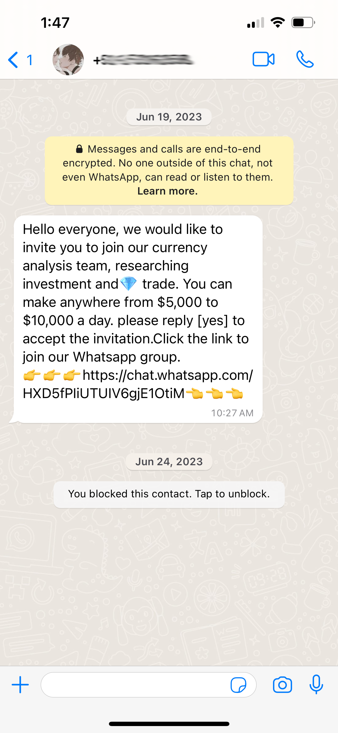 A scam message from WhatsApp