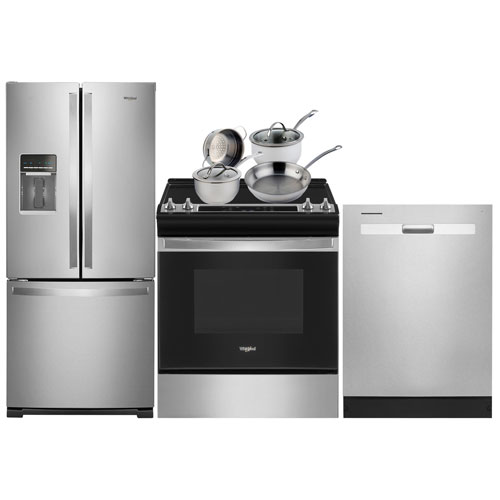 Whirlpool French Door Refrigerator, Electric Range, Dishwasher, Cookware Set