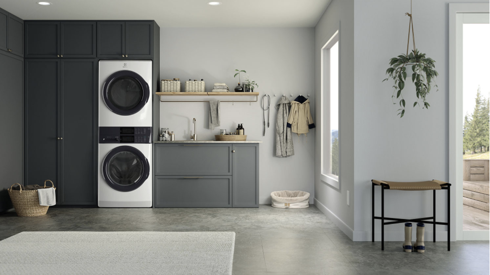 Electrolux stacked laundry pair in entryway