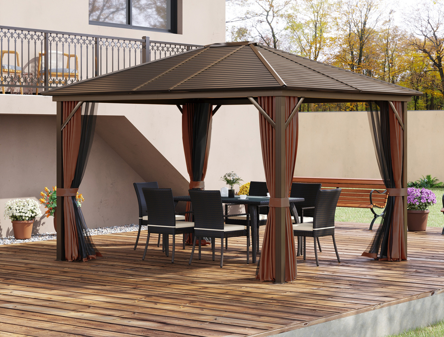 Gazebo and dining set on a patio deck