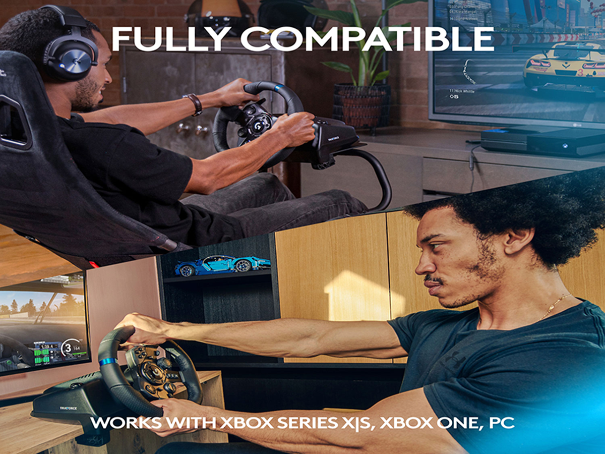 A man is gaming with Logitech G923 TrueForce Racing Wheel for Xbox Series X|S and Xbox One. 
Logitech offers players the cutting-edge gaming equipment they need to elevate their gaming experience.