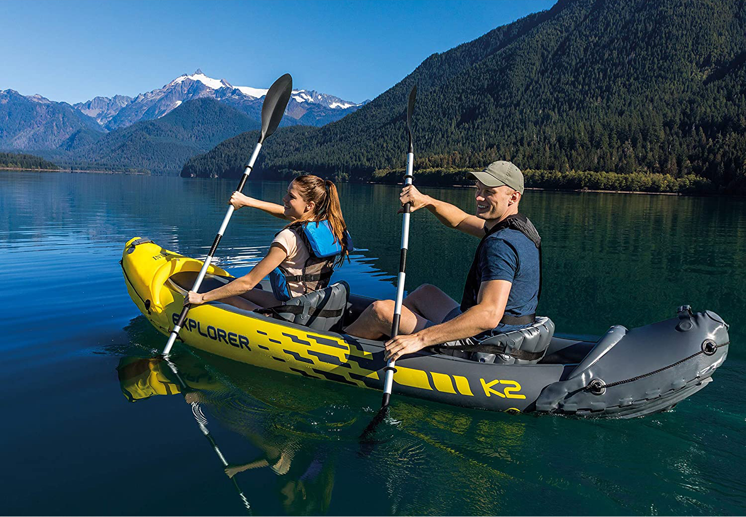 Explorer K2 Kayak, 2-Person Inflatable Kayak Set with Aluminum Oars and High Output Air Pump