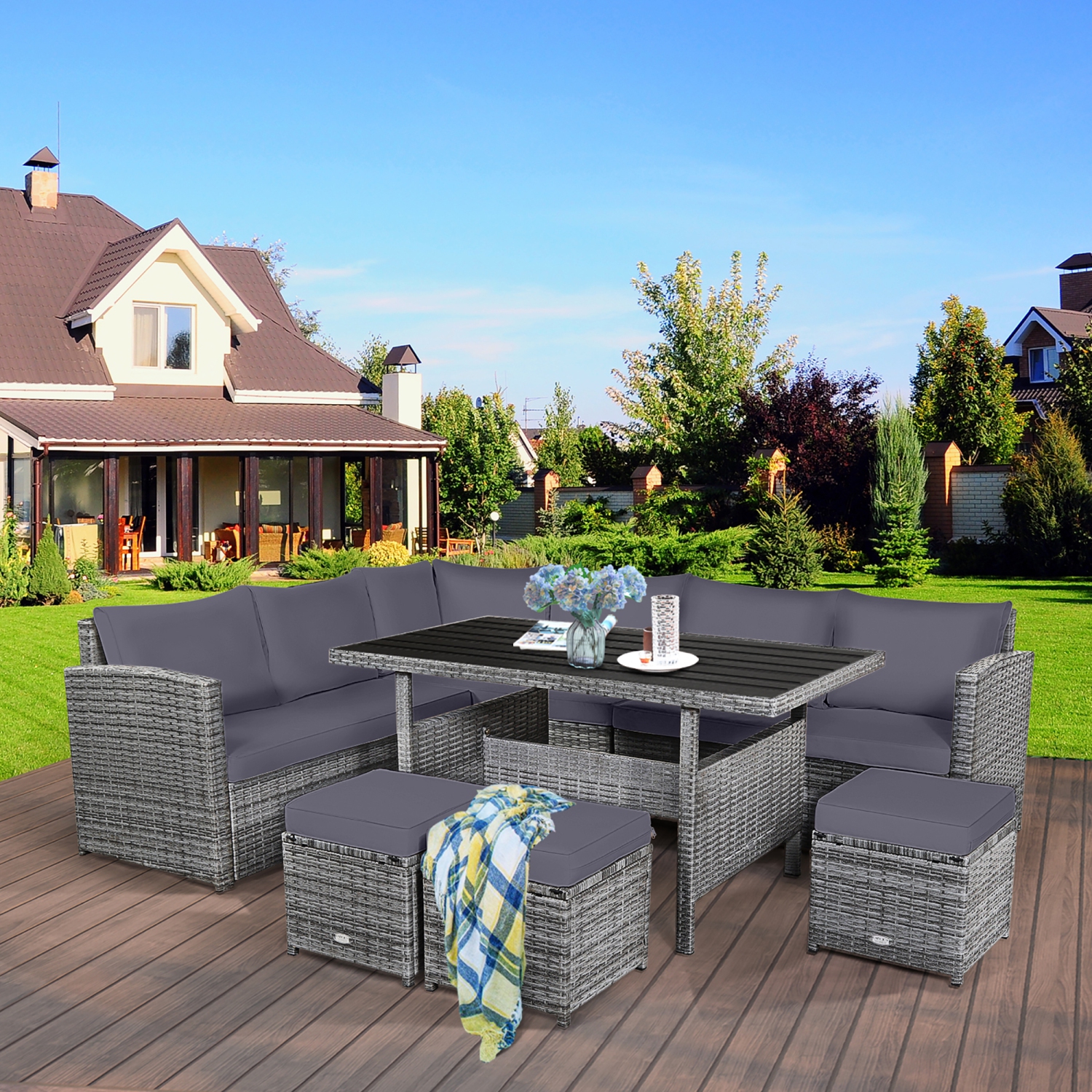 resin outdoor furniture on a garden deck