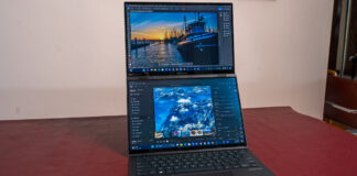 ASUS Zenbook Duo set up with two apps on each screen.